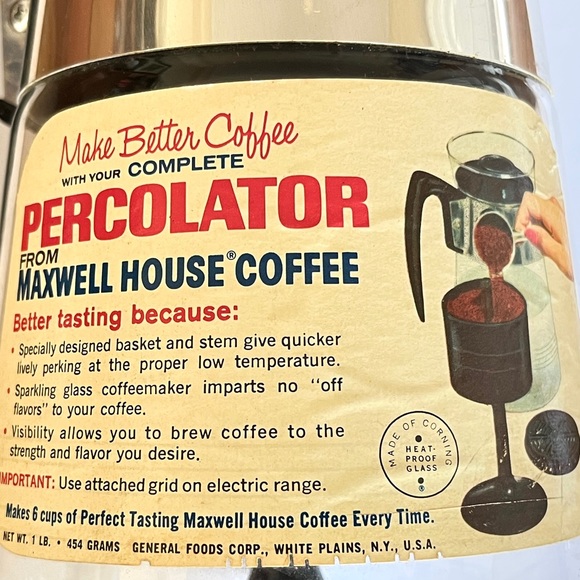 Vintage Kitchen Vintage Coffee Percolator Maxwell House Corning 6 Cup Original Labels 6s 70s